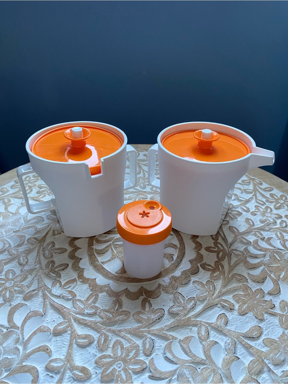 Tupperware - White and Orange Plastic sugar, creamer and salt/pepper shaker set